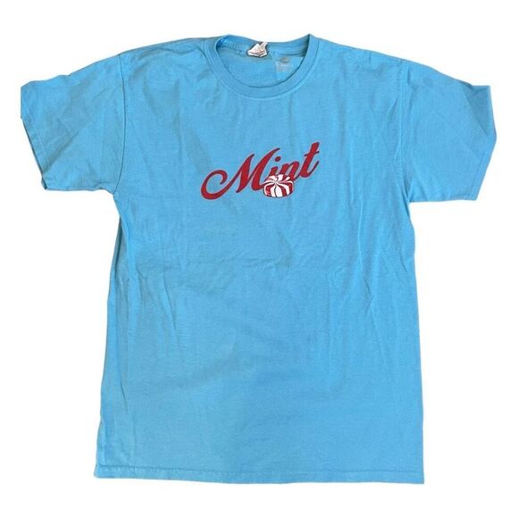 Jerzees Mint Candy Graphic Tee Bright Blue Red White Crewneck Short Sleeve M - Picture 1 of 6